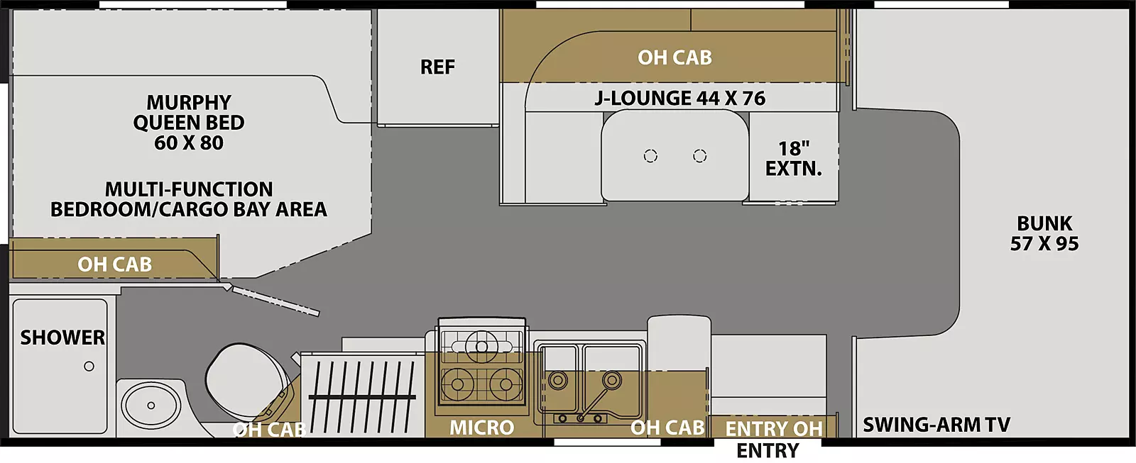 The Freelander 22XG FORD 350  has 0 slideouts. Interior layout from front to back; front 57 inch by 95 inch bunk with swing arm TV; door side kitchen with microwave above stovetop, double basin sink and overhead cabinet; off-door side 44 inch by 76 inch J-Lounge with 18 inch extension and overhead cabinets and refrigerator; rear off-door side 60 inch by 80 inch murphy queen bed in multi-function bedroom/cargo bay area; rear door side bathroom with shower, toilet and sink with overhead cabinets.