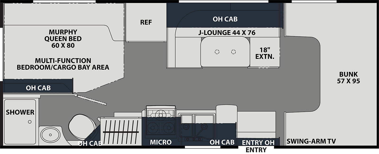 The Leprechaun 220XG CHEVY 3500 has 0 slideouts. Interior layout from front to back; front 57 inch by 95 inch bunk with swing arm TV; door side kitchen with microwave above stovetop, double basin sink and overhead cabinet; off-door side 44 inch by 76 inch J-Lounge with 18 inch extension and overhead cabinets and refrigerator; rear off-door side 60 inch by 80 inch murphy queen bed in multi-function bedroom/cargo bay area with overhead cabinets; rear door side bathroom with shower, toilet and sink.