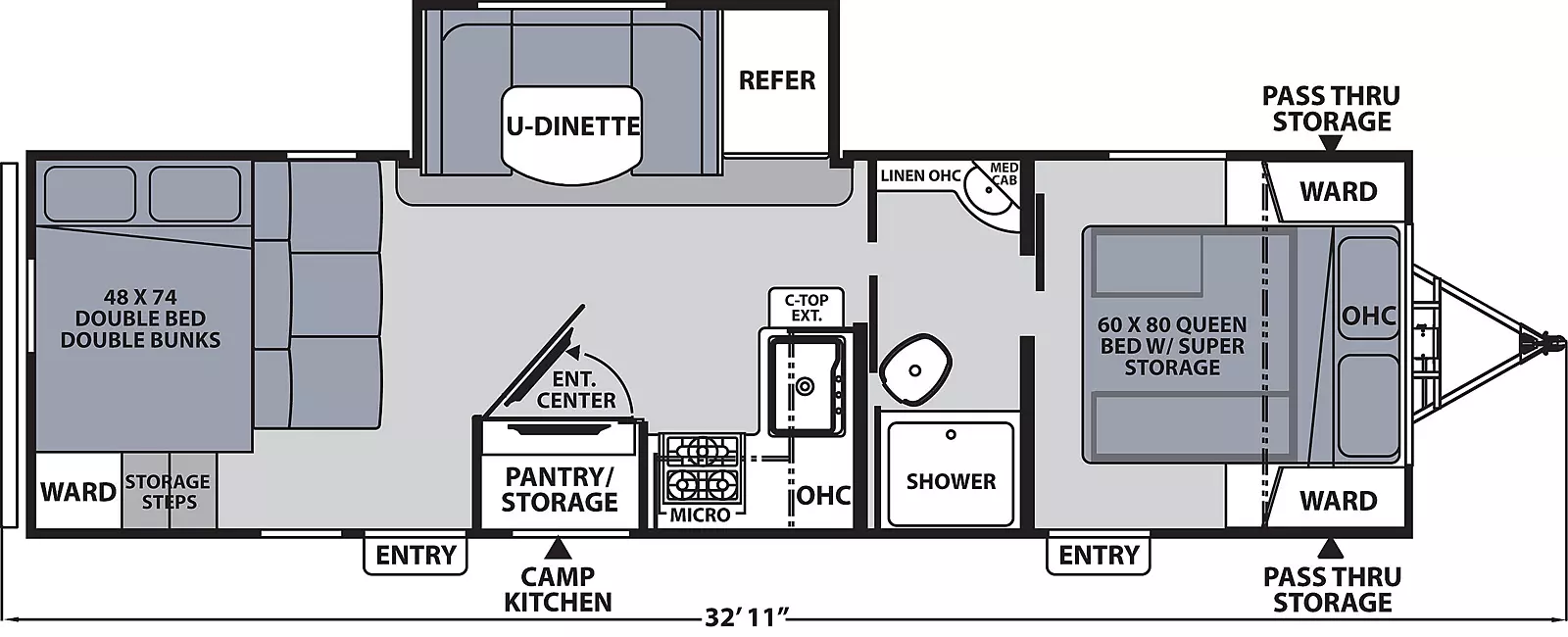 The 266BHS has one slide out on the off-door side and two entry doors on the door side. Interior layout from front to back: front bedroom with foot facing queen bed, super storage under bed, overhead cabinet, and wardrobes on either side of the bed; pass through bathroom; kitchen living dining area with off-door side slide out containing refrigerator and u-shaped dinette; door side kitchen containing countertop extension, sink, overhead cabinet, cook top stove, and microwave overhead; door side entertainment center with pantry/storage behind it. Sofa in front of double bed over double bed bunks, next to wardrobe and storage at the rear.