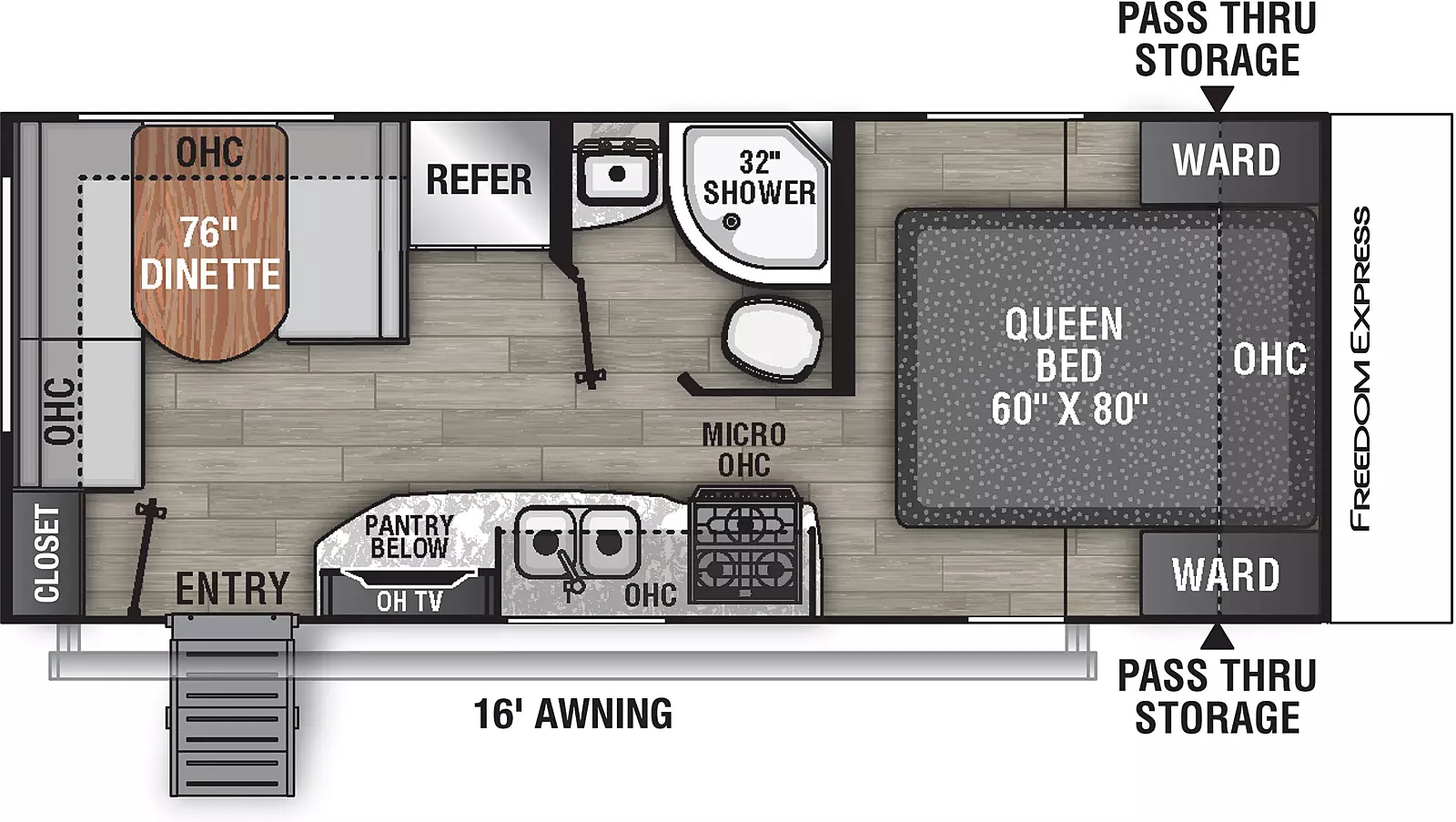 The 20SE has no slide outs and one entry door located on the door side. Interior layout from front to back: front bedroom with foot facing queen bed, side aisle bathroom on the off-door side, kitchen living dining area with the stove, double basin sink, TV and pantry below on the door side, refrigerator and dinette located on the off-door side, closet is located at the rear.
