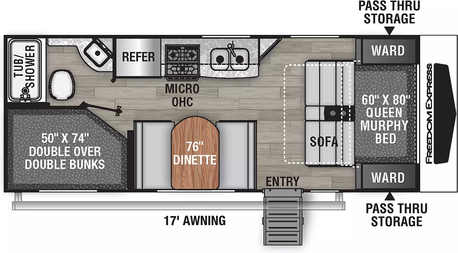 The 22SE has no slide outs and one entry door located on the door side. Interior layout from front to back: front queen murphy bed sofa with wardrobes on each side; off-door side kitchen with refrigerator, microwave cabinet, cooktop and double basin sink; door side dinette; rear off-door side bathroom; rear door side double over double bunks.