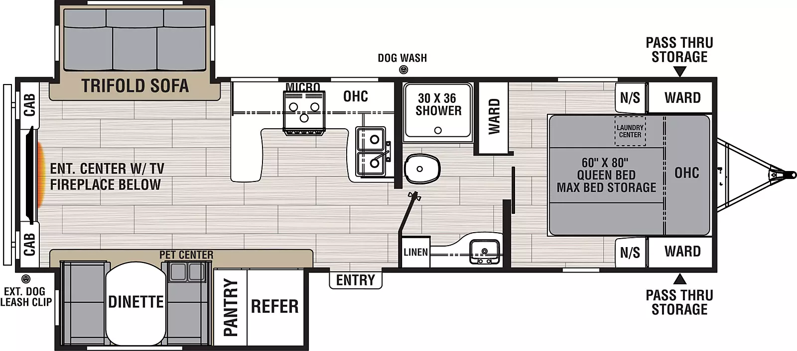 The 2764RE has one slide out on the off-door side, and one slide out and entry door on the door side. Interior layout from front to back: front bedroom with foot queen bed containing max bed storage, overhead cabinet, and wardrobes on either side of the bed and wardrobe; mid bathroom with entry to bedroom and living area includes shower, toilet, sink and linen cabinet; off-door side kitchen with sink, stovetop, microwave and overhead cabinets; door side slide out with refrigerator, pantry and dinette with pet center; off-door side slide out with tri-fold sofa; rear entertainment center with TV and fireplace below and cabinets on either side.