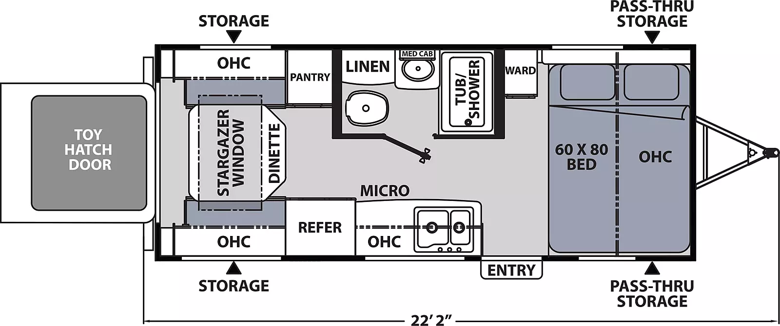 The 17TH is a toy hauler floorplan with no slide outs and one entry door on the door side. Interior layout from front to back: front bedroom with side-facing bed, overhead cabinet and wardrobe; door side kitchen with sink, overhead cabinet, microwave , and refrigerator; door side bathroom; rear dinette with stargazer window above, overhead cabinets, and pantry. Exterior storage towards the back and pass-thru storage at the front. Toy Hatch Door in the rear.  
