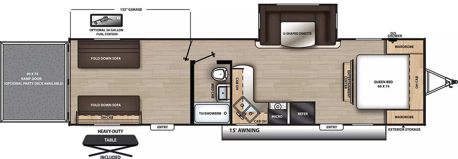 The 29THS has one slide out two entry doors. Exterior features include a 15 foot awning, front exterior storage, outside shower, heavy-duty table, and rear ramp door. Interior layout front to back: foot facing queen bed with overhead cabinet and wardrobes on either side; island entertainment center along inner wall; off-door side u-dinette slide out; door side entry, refrigerator, cook top stove, microwave, corner sink, overhead cabinet, and counter that wraps to inner wall; door side full bathroom with medicine cabinet; rear garage with opposing fold-down sofas with overhead cabinet on door side, and second entry. Optional 30 gallon fuel station available. Optional party deck available on rear ramp door. Garage Dimensions: 132 inches from rear ramp to bathroom wall.