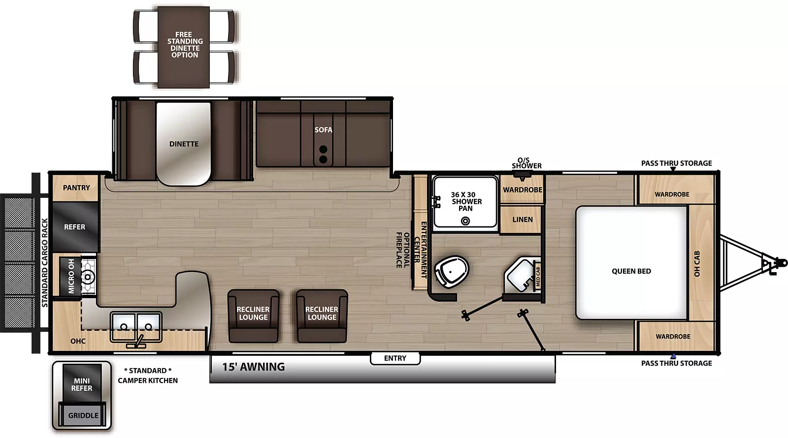 The 283RKS has one slide out and one entry. Exterior features a 15 foot awning, front pass thru storage, outside shower, rear cargo rack, and standard camper kitchen with mini refrigerator and griddle. Interior layout front to back: foot facing queen bed with overhead cabinet, wardrobes on each side, and off-door side wardrobe; side aisle off-door side full bathroom with medicine cabinet and linen closet; entertainment center along inner wall; off-door side slide out with sofa and dinette; door side entry and two recliner lounges; rear peninsula kitchen counter that wraps to door side with sink and overhead cabinet, counter continues to wrap to rear with microwave, cooktop, refrigerator and pantry. optional free-standing dinette available in place of standard dinette. Optional fireplace available at entertainment center.