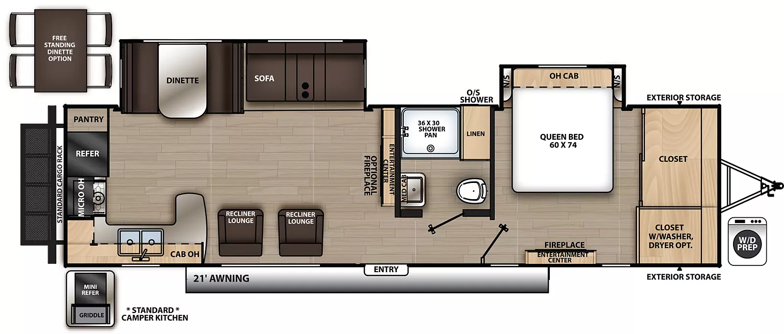 The 303RKDS has two slide outs and one entry. Exterior includes a 21 foot awning, camper kitchen with mini refrigerator and griddle, front exterior storage, outside shower, and rear cargo rack. Interior layout front to back: front closet, off-door side queen bed slide out with overhead cabinet and night stands on each side, and door side entertainment center with fireplace; off-door side full bathroom with medicine cabinet and linen closet; entertainment center along inner wall; off-door side slide out with sofa and dinette; door side entry and recliner lounges; peninsula kitchen counter that wraps to the door side with overhead cabinet, sink, counter continues to wrap to the rear with cook top, microwave, refrigerator, and pantry. Optional free standing dinette available in place of standard dinette. Optional fireplace available at living room entertainment center. Optional washer/dryer available in front closet.