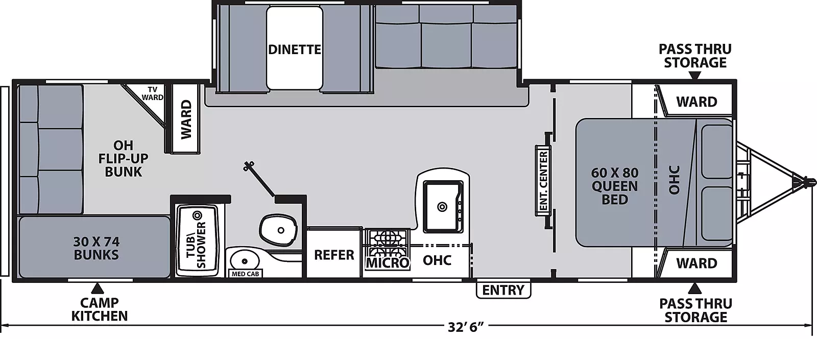 The 289TBSS has one slide out on the off-door side and one entry door on the door side. Interior layout from front to back: front bedroom with foot facing queen bed, overhead cabinet, and wardrobes on either side of the bed; entertainment center between bedroom and kitchen living dining area; off-door side slide out containing sofa and dinette; door side kitchen containing sink, overhead cabinet, cook top stove, microwave overhead, and refrigerator; door side bathroom containing tub/shower, toilet and medicine cabinet; off-door side wardrobe; rear bunk room containing two bunks on the door side, one flip-up bunk at the rear, and television wardrobe storage cabinet; exterior camp kitchen at the rear 