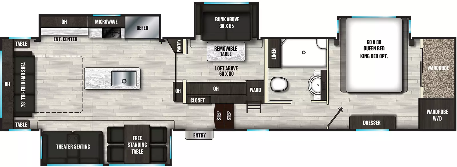 The 398MBL has four slideouts and one entry. Interior layout front to back: front bedroom with off-door side queen bed slideout, front wardrobe with washer and dryer, and door side dresser; off-door side full bathroom with linen closet; ladder to loft above mid room; two steps down to entry and closet; off-door side room overhead cabinet and wardrobe along inner wall opposite the off-door side slideout with bunk above and removeable table; door side slide out containing free standing table and theater seating; kitchen island with sink; off-door side pantry and slide out with refrigerator, microwave, overhead cabinets, and entertainment center; rear tri-fold sofa with overhead cabinet and tables on each side.