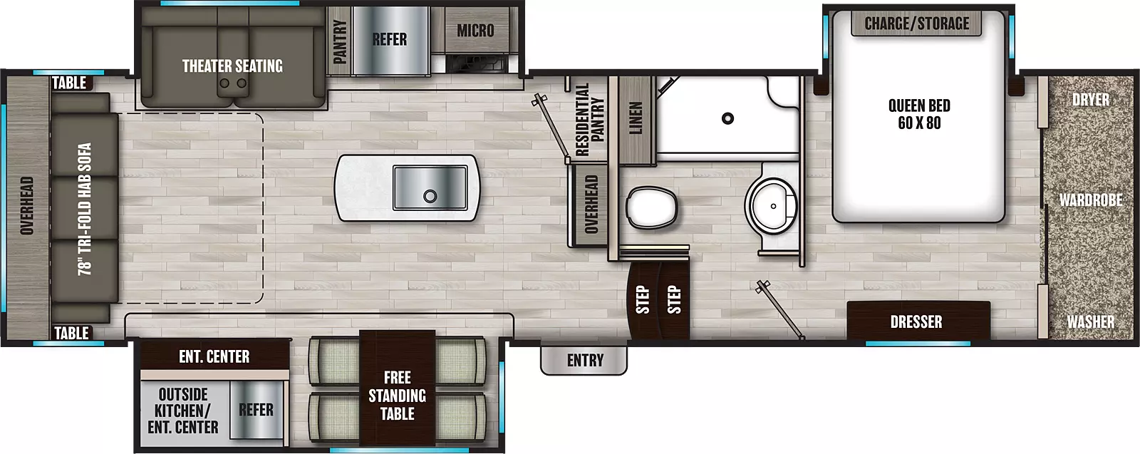 The 298RLS has three slideouts and one entry. Exterior features include an outside kitchen with entertainment center. Interior layout front to back: front bedroom with off-door side queen bed slide out, front wardrobe with washer and dryer, and door side dresser; off-door side full bathroom with linen closet; two steps down to entry door and main living area; counter with overhead cabinet and residential pantry along inner wall; kitchen island with sink; off-door side slideout with microwave, refrigerator, pantry, and theater seating; door side slideout with free-standing table, and entertainment center; rear tri-fold hide-a-bed sofa with overhead cabinet and tables on each side.