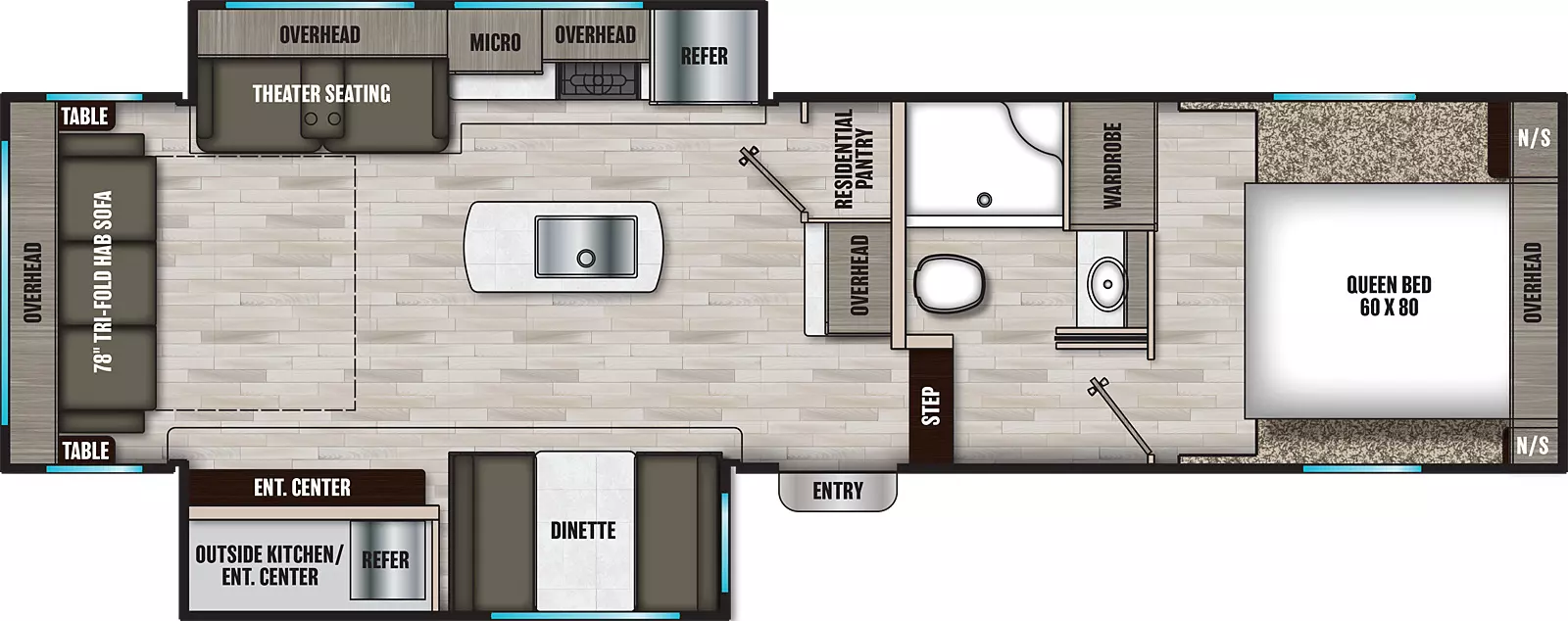 The 284RL has two slideouts and one entry. Exterior features an outside kitchen with entertainment center. Interior layout front to back: front bedroom with a foot facing queen bed with overhead cabinet, night stands on either side, and off-door side wardrobe; off-door side aisle full bathroom; step down to main living area and entry; counter with overhead cabinet, and residential pantry along inner wall; kitchen island with sink; off-door side slideout with refrigerator, countertop, overhead cabinet, microwave, and theater seating with overhead cabinet; door side slideout with dinette and entertainment center; rear tri-fold hide-a-bed sofa with tables on each side, and overhead cabinet.