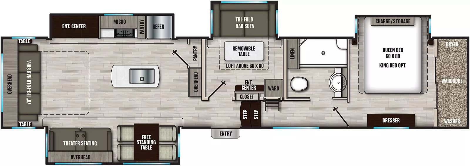 The 393MBX has four slideouts and one entry. Exterior features a refrigerator. Interior layout front to back: front bedroom with front wardrobe with washer and dryer, off-door side queen bed slideout, and door side dresser; off-door side full bathroom with linen closet; ladder to loft above mid room; two steps down to the main entry, closet, and mid room with entertainment center and wardobe along inner wall opposite a tri-fold hide-a-bed sofa slideout with removeable table; overhead cabinet and pantry along inner wall; kitchen island with sink; off-door side slideout with refrigerator, pantry, microwave, counter, and entertainment center; door side free-standing table, and theater seating with overhead cabinet; rear tri-fold hide-a-bed sofa with overhead cabinet and tables on each side. Optional king bed available in place of queen bed.