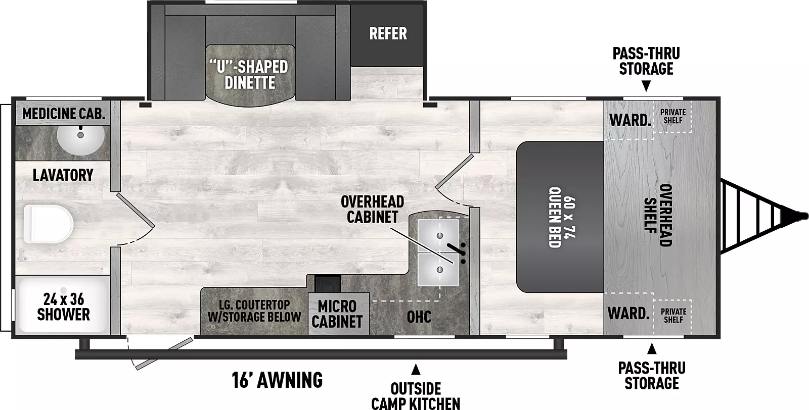 The 251RBS has one slideout and one entry. Exterior features include front pass through storage, outside camp kitchen, and 16 foot awning. Interior layout front to back: queen bed with overhead shelf and wardrobe with shelf on each side; off-door side slideout with refrigerator and u-shaped dinette; kitchen counter wraps along inner wall to door side with sink and cooktop, overhead cabinet, microwave, more countertop space with storage below, and entry; rear full bathroom with medicine cabinet.