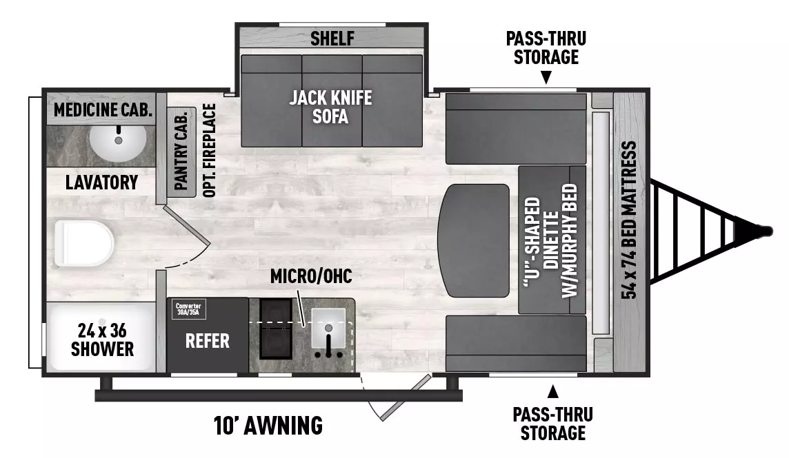 The 17MBS has one entry and one slideout. Exterior features front pass through storage and 10 foot awning. Interior layout front to back: u-shaped dinette with murphy bed; off-door side jack-knife sofa slideout with shelf; door side entry, kitchen counter with sink and cooktop, overhead cabinet and microwave, and refrigerator with 30A/35A converter; pantry cabinet with optional fireplace along inner wall on off-door side; rear full bathroom with medicine cabinet.