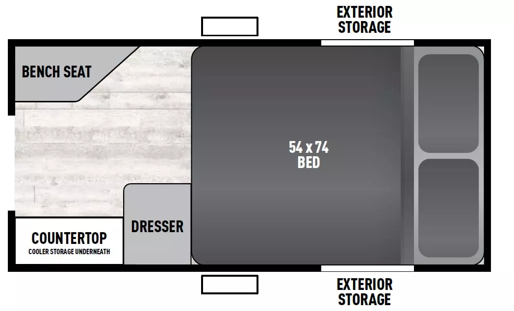The Escape 9.0 TD has no slide outs and 1 rear entry door. Exterior features include fenders and exterior storage. Interior layout from front to back includes a foot-facing 54x74 bed, dresser at the foot of the bed on the right side; left rear corner bench seat and right rear corner countertop with cooler storage underneath.