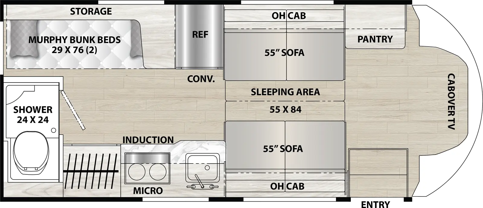 The 20BH has zero slideouts and one entry. Interior layout front to back: front cab with cabover TV, off-door side pantry, overhead cabinets, sofa, refrigerator, and rear murphy bunk beds with storage; door side entry, overhead cabinets, sofa, sink, microwave, induction cooktop, and rear wet bathroom with shower.