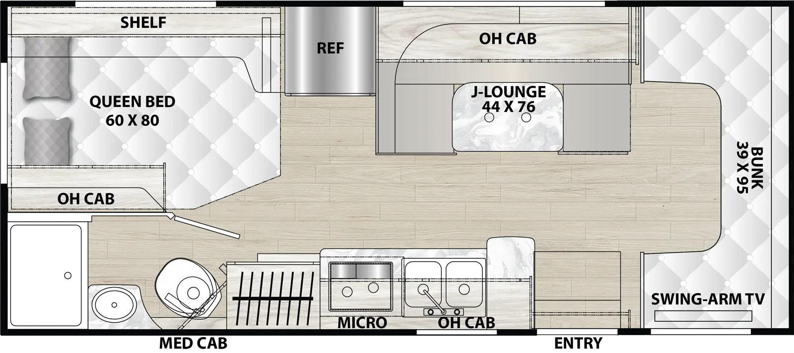 The Cross Trail 22XG has 0 slideouts and 1 entry door.  Interior layout from front to back; front 39 inch by 95 inch bunk with a swing arm TV; door side kitchen with microwave above stovetop, double basin sink and overhead cabinet; off-door side 44 inch by 76 inch J-Lounge with overhead cabinets; off-door side refrigerator;  off-door rear bedroom with 60 inch by 80 inch foot facing queen bed with overhead cabinets and shelf; rear door side bathroom with shower, sink, toilet with medicine cabinet.