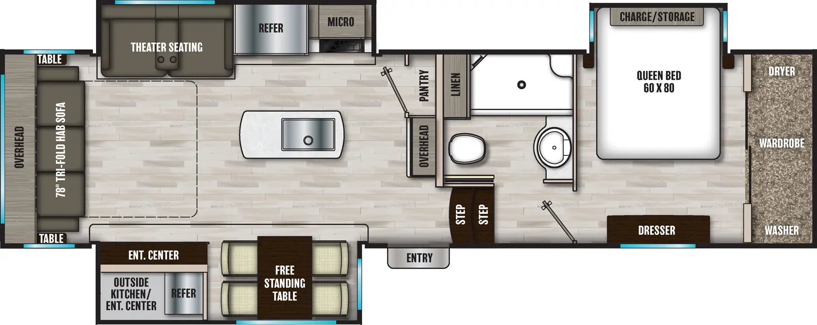 The 298RLS has three slideouts and one entry. Exterior features include an outside kitchen with entertainment center. Interior layout front to back: front bedroom with off-door side queen bed slide out, front wardrobe with washer and dryer, and door side dresser; off-door side full bathroom with linen closet; two steps down to entry door and main living area; counter with overhead cabinet and pantry along inner wall; kitchen island with sink; off-door side slideout with microwave, refrigerator, and theater seating; door side slideout with free-standing table, and entertainment center; rear tri-fold hide-a-bed sofa with overhead cabinet and tables on each side.