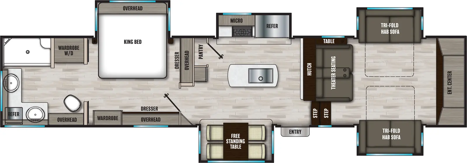 The 334FL has five slideouts and one entry. Exterior features a rear small refrigerator. Interior layout front to back: front living room with front entertainment center with theater seat and table opposite, and opposing tri-fold hide-a-bed sofa slide outs; two steps down into the kitchen and entry with door side free-standing table slideout, kitchen island with sink, hutch along inner wall, off-door side slideout with refrigerator, microwave, and kitchen counter, and pantry along inner wall opposite hutch; bedroom with dresser and overhead cabinet along inner wall, off-door side king bed slideout with overhead cabinet, and door side dresser with overhead cabinet and wardrobe; rear full bathroom with wardrobe washer/dryer and dual sinks.