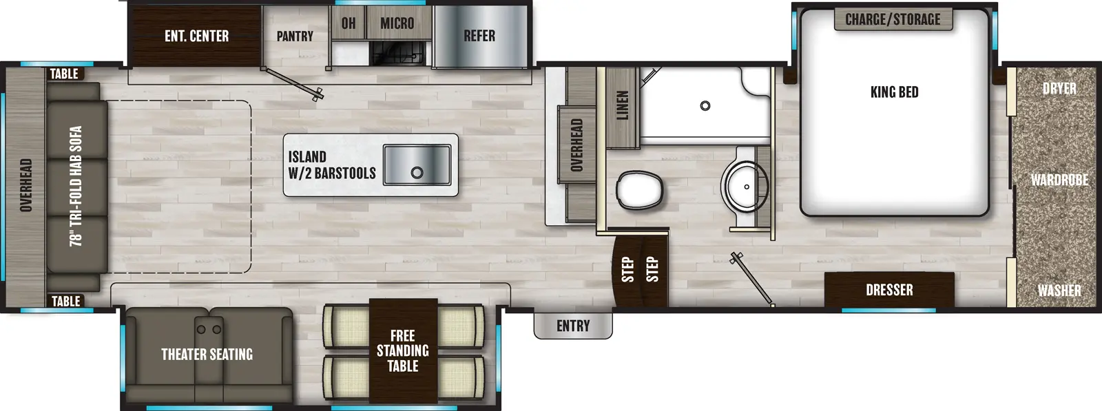 The 336TSIK has three slideouts and one entry. Interior layout front to back: front bedroom with off-door side king bed slideout, front wardrobe with washer and dryer, and door side dresser; off-door side full bathroom with linen closet; two steps down to entry and main living area; counter and overhead cabinet along inner wall; kitchen island with two barstools and sink; off-door side slideout with refrigerator, microwave, countertop, pantry, and entertainment center; door side slideout with free-standing table and theater seating; rear tri-fold hide-a-bed sofa with overhead cabinet and tables on each side.