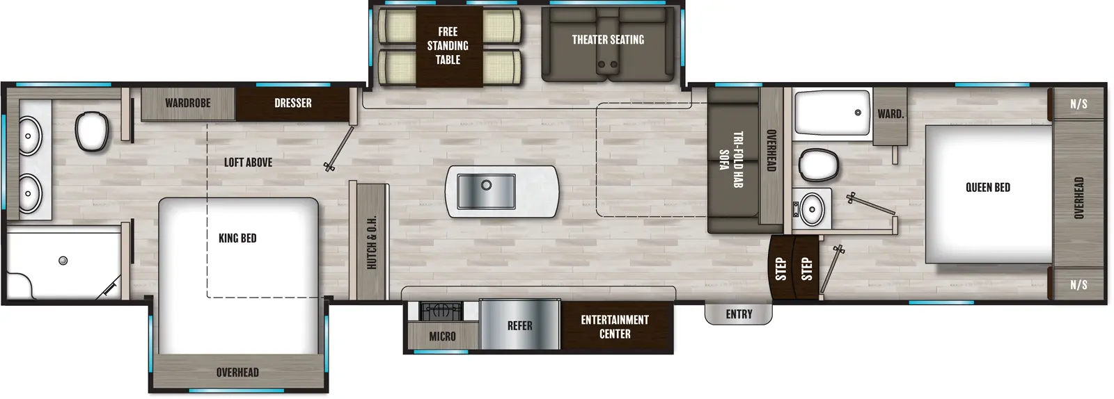 The 381DBL has three slideouts and one entry. Interior layout front to back: foot facing queen bed with overhead cabinet and night stands on each side; off-door side wardrobe and full bathroom accessible from bedroom; two steps down to main living area and entry; tri-fold hide-a-bed sofa with overhead cabinet along inner wall; off-door side slideout with theater seating and free-standing table; kitchen island with sink; door side slideout with entertainment center, refrigerator, microwave and counter; hutch and overhead cabinet along inner wall; loft above rear bedroom; bedroom with door side king bed slideout with overhead cabinet, and off-door side dresser and wardrobe; rear full bathroom with dual sinks.