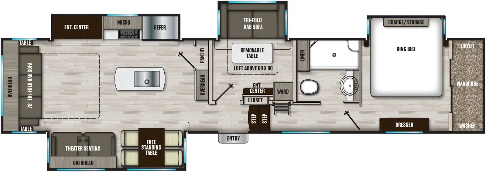 The 393MBX has four slideouts and one entry. Interior layout front to back: front bedroom with front wardrobe with washer and dryer, off-door side king bed slideout, and door side dresser; off-door side full bathroom with linen closet; ladder to loft above mid room; two steps down to the main entry, closet, and mid room with entertainment center and wardrobe along inner wall opposite a tri-fold hide-a-bed sofa slideout with removable table; overhead cabinet and pantry along inner wall; kitchen island with sink; off-door side slideout with refrigerator, microwave, counter, and entertainment center; door side free-standing table, and theater seating with overhead cabinet; rear tri-fold hide-a-bed sofa with overhead cabinet and tables on each side.