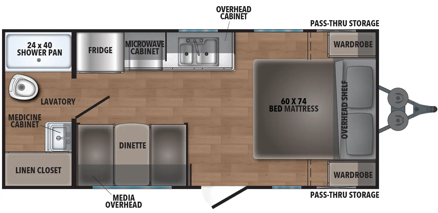 The 18FQ has no slide outs and 1 entry door. Exterior features include a front pass-through storage. Interior layout from front to back includes a foot-facing bed with a 60 x 74 mattress; shelf over the bed; opposing side wardrobes; door-side dinette with media overhead; off-door side kitchen with refrigerator, overhead microwave, overhead cabinets, stovetop and double basin sink; rear bathroom with 24 x 40 shower, toilet, lavatory, medicine cabinet and linen closet.