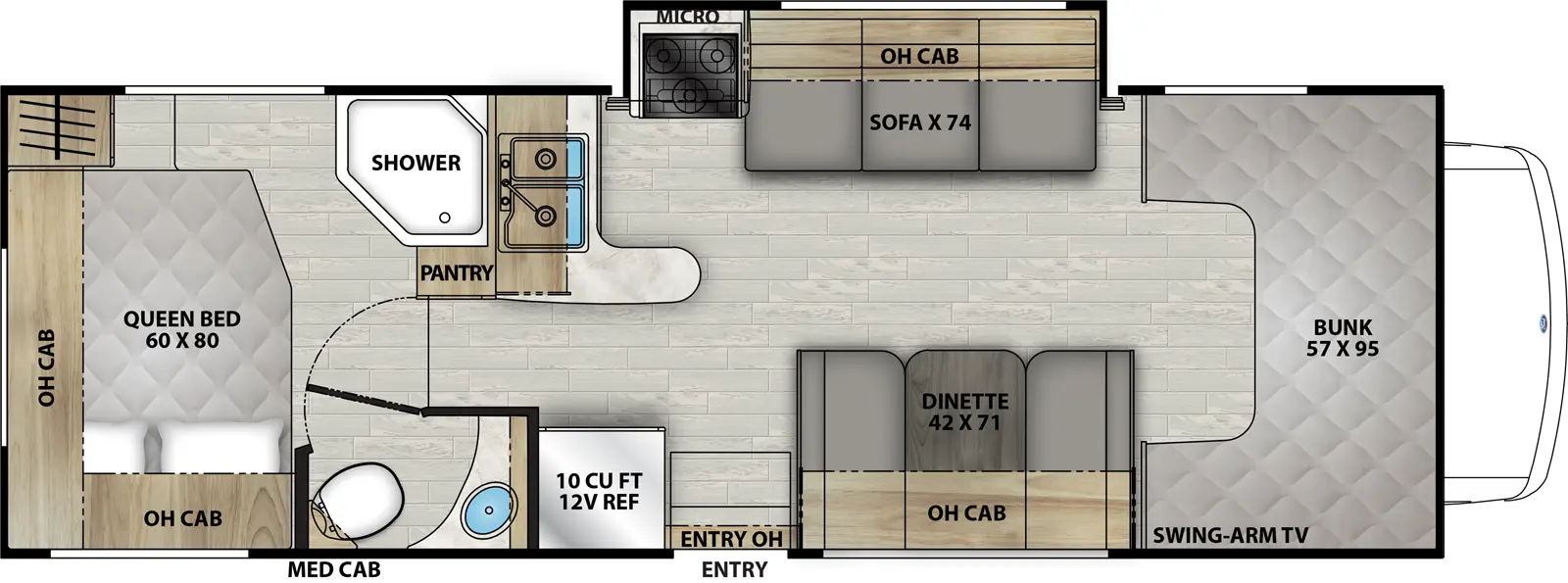 The Leprechaun 260QB floorplan has one entry and one slide out. Exterior features include: 15' awning. Interiors features include: rear bedroom and bunk over cab.