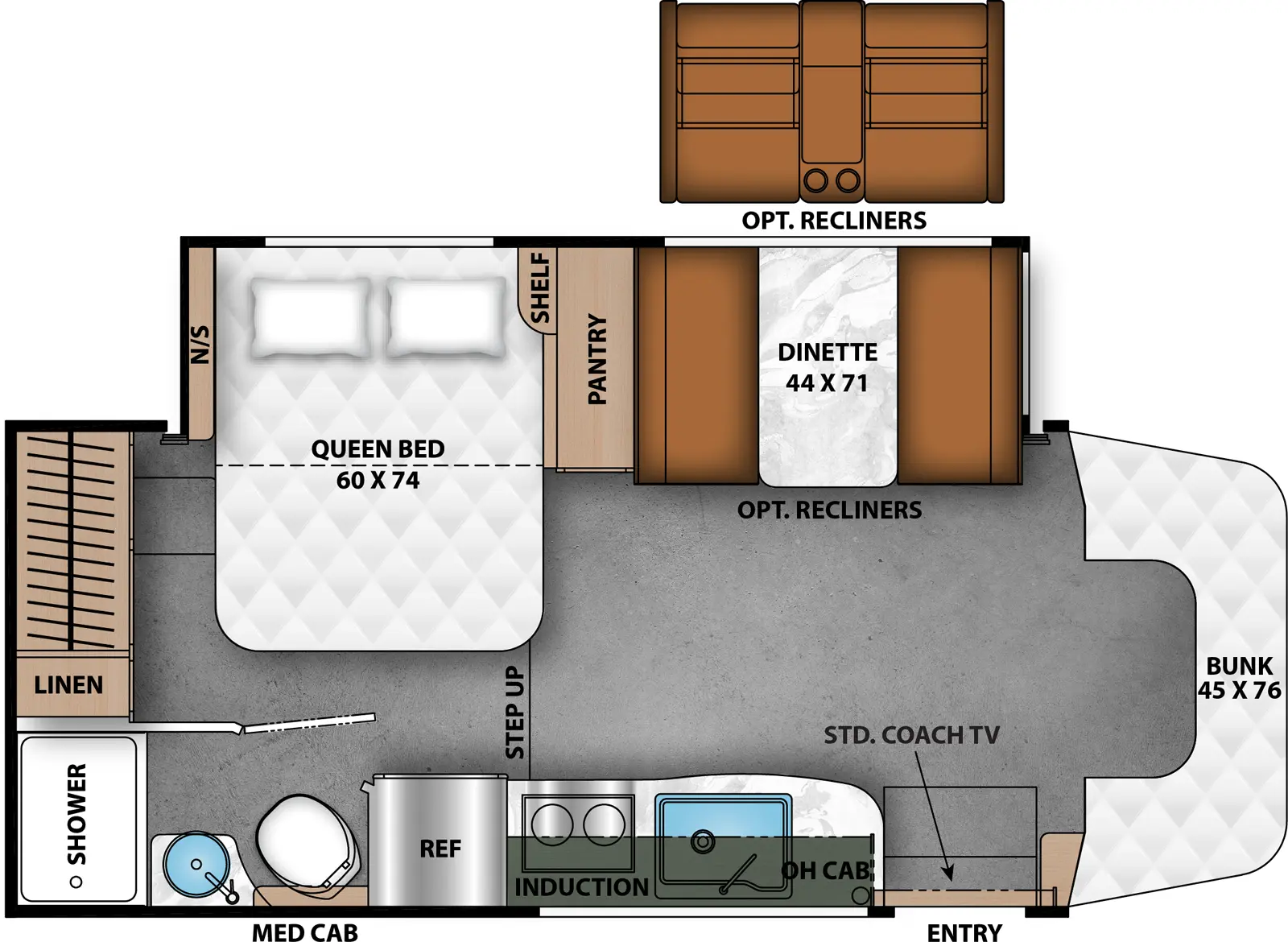 The Prism 24FS has one entry and one slide out. Exterior features include: 14' awning and outside entertainment. Interiors features include: rear bedroom, bathroom and a half, bunk over cab and u-dinette.