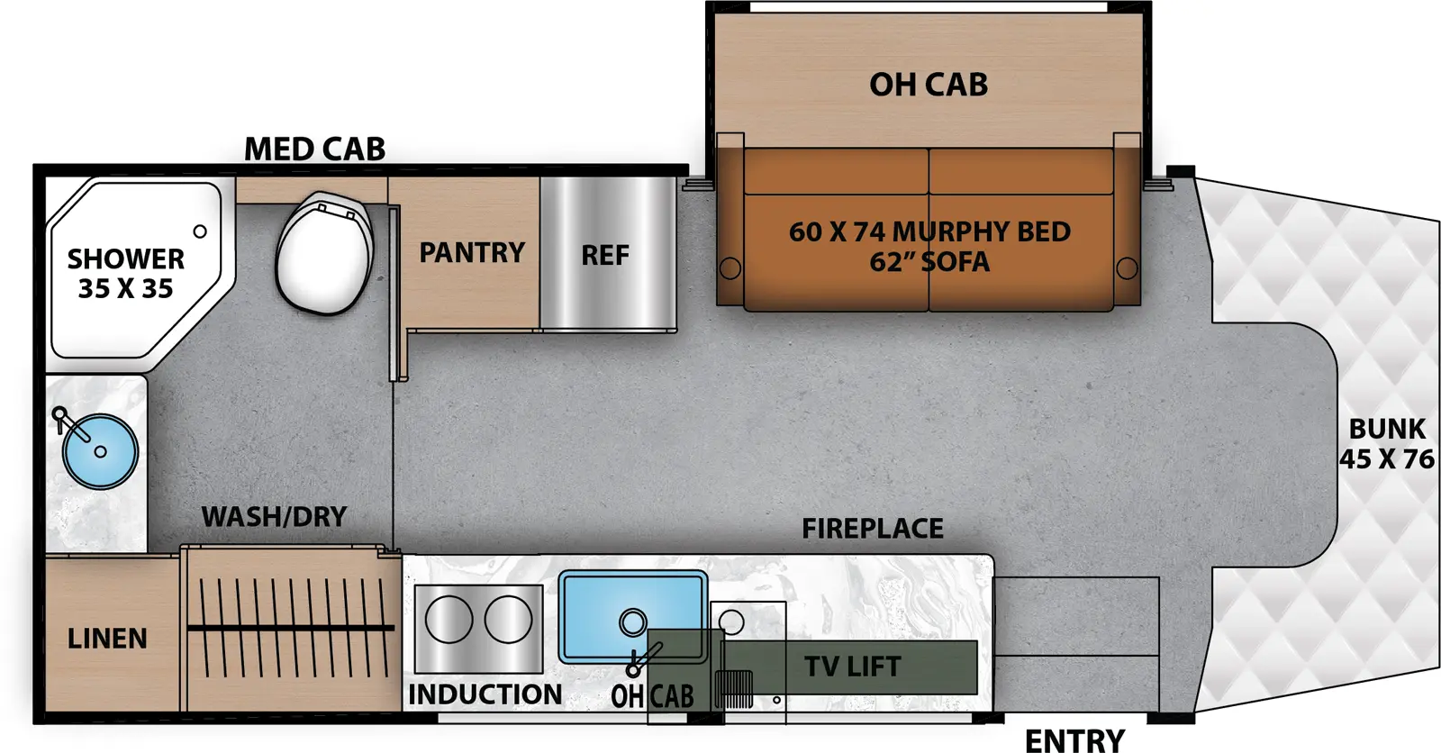 The Prism 24MB has one entry and one slide out. Exterior features include: 14' awning and outside entertainment. Interiors features include: murphy bed, rear bathroom, bathroom and a half and bunk over cab.