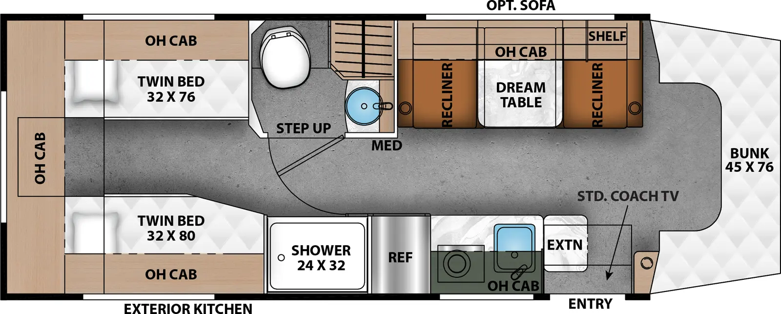 The Prism 25TB floorplan has one entry and zero slide outs. Exterior features include: 14' Armless awning and outside kitchen. Interiors features include: rear bedroom, pass through bathroom, bunk over cab and dinette.