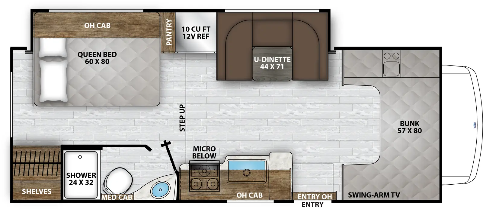 The Leprechaun 230FS floorplan has one entry and one slide out. Exterior features include: 17' awning. Interiors features include: bunk over cab and u-dinette.