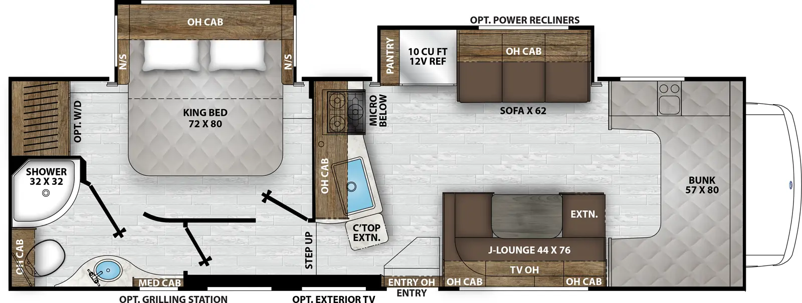 The Leprechaun 308KB floorplan has one entry and two slide outs. Exterior features include: 21' awning, outside entertainment and outside kitchen. Interiors features include: rear bedroom, bunk over cab and u-dinette.