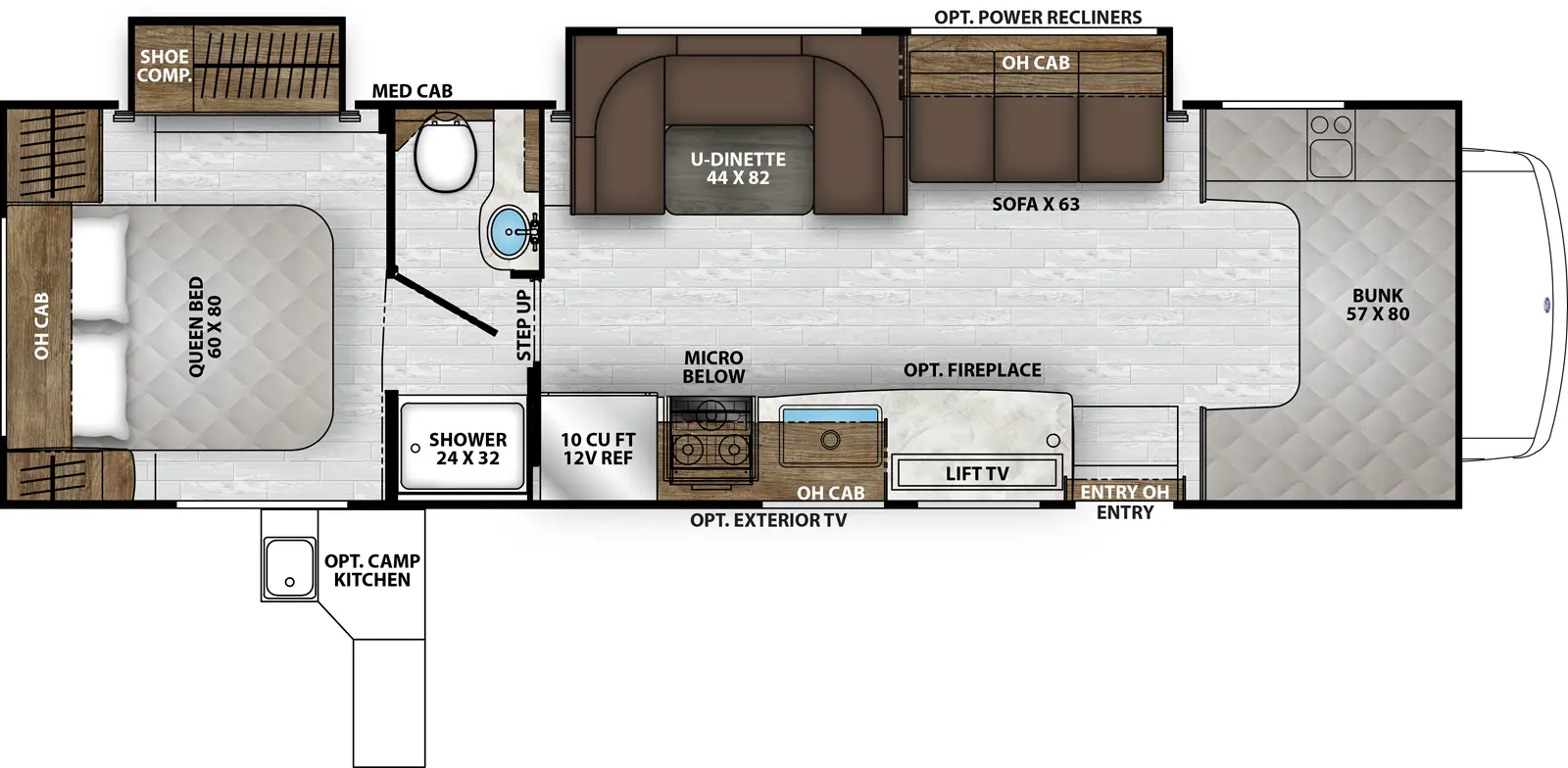 The Leprechaun 319MB floorplan has one entry and two slide outs. Exterior features include: 21' awning, outside entertainment and outside kitchen. Interiors features include: rear bedroom, bunk over cab and u-dinette.