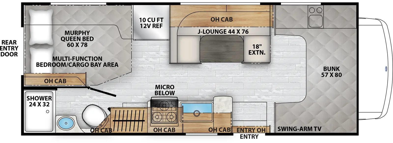 The Freelander 22XG floorplan has one entry and zero slide outs. Exterior features include: 15' awning. Interiors features include: murphy bed and bunk over cab.