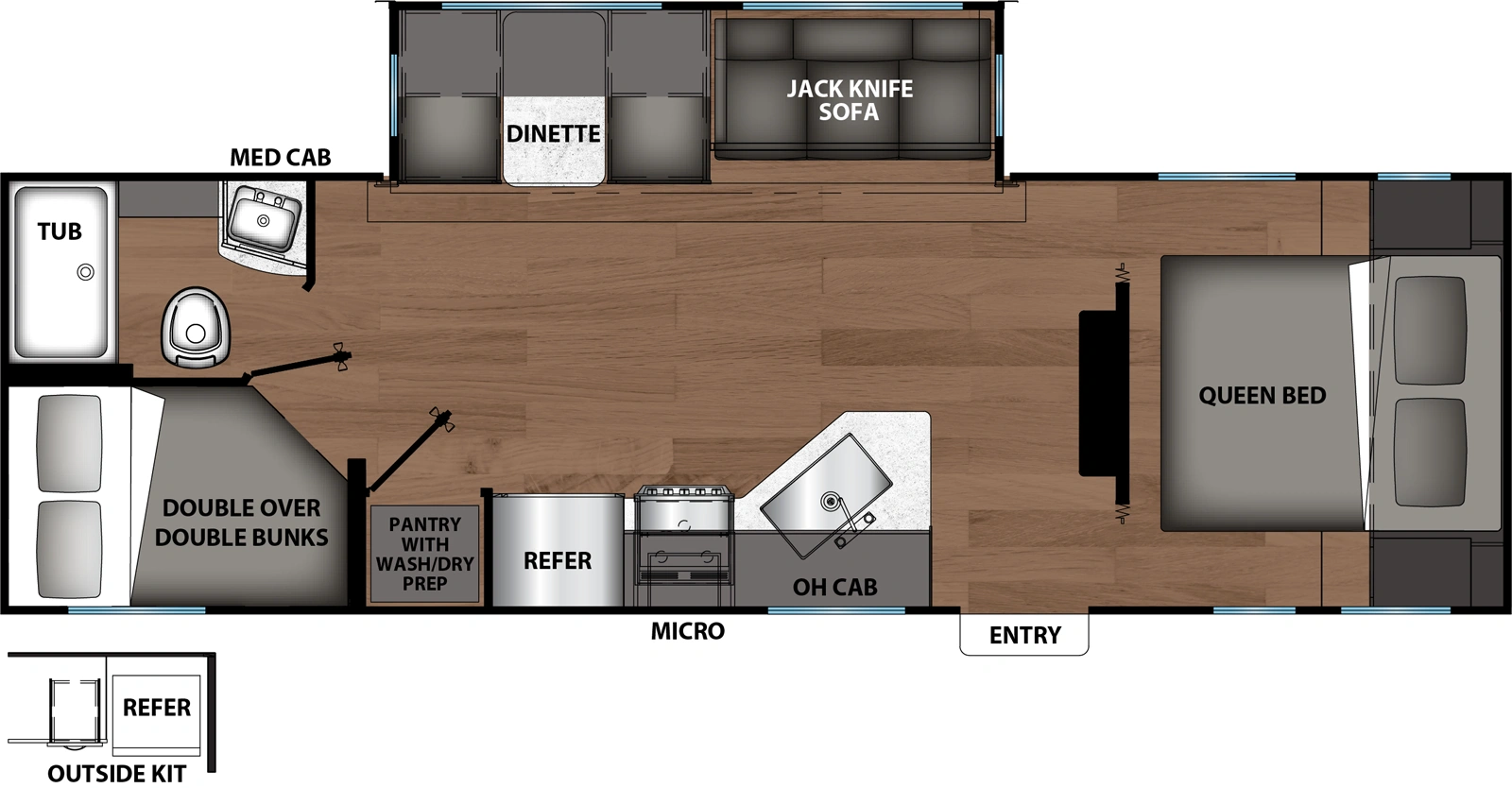 The Shasta I-5 Edition & Compact 527BHS floorplan has one entry and one slide out. Exterior features include: metal exterior and outside kitchen. Interiors features include: bunk beds and front bedroom.