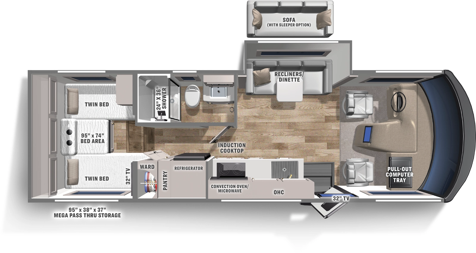 The Euro 25TB has one entry and one slide out. Exterior features include: 16' awning. Interiors features include: rear bedroom.