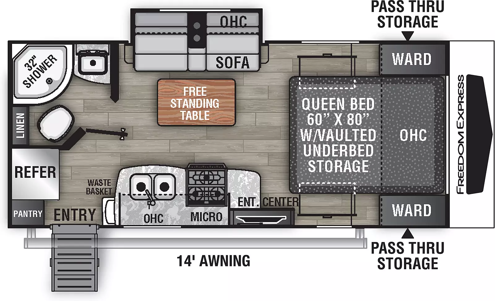 The 192RBS has one slide out on the off-door side and one entry door on the door side. Interior layout from front to back: foot facing queen bed with vaulted under-bed storage, overhead cabinet, and wardrobes on either side of the bed; door side entertainment center; off-door side slide out containing sofa with overhead cabinet; free standing table; door side kitchen containing cook top stove, microwave, double basin sink, and overhead cabinet; door side pantry and refrigerator; rear corner off-door side bathroom.