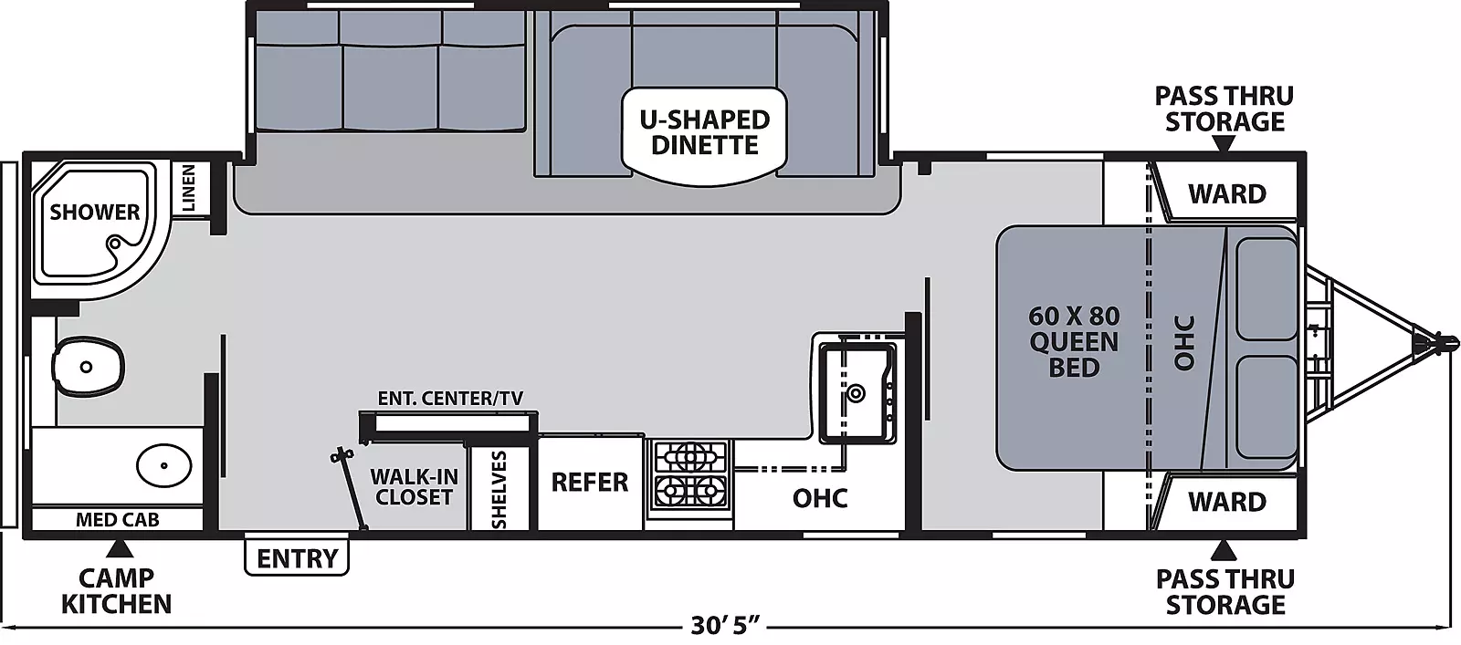 The 265RBSS has one slide out on the off-door side and one entry door on the door side. Interior layout from front to back: front bedroom with foot-facing queen bed, overhead cabinet, and wardrobes on either side of the bed. Kitchen living dining area with off door side slide out containing u-shaped dinette and sofa; door side kitchen containing sink, overhead cabinet, cook top stove, and refrigerator; door side entertainment center; walk-in closet located on the door side next to the entry door; rear bathroom with medicine cabinet, sink, shower and linen closet; Rear exterior camp kitchen